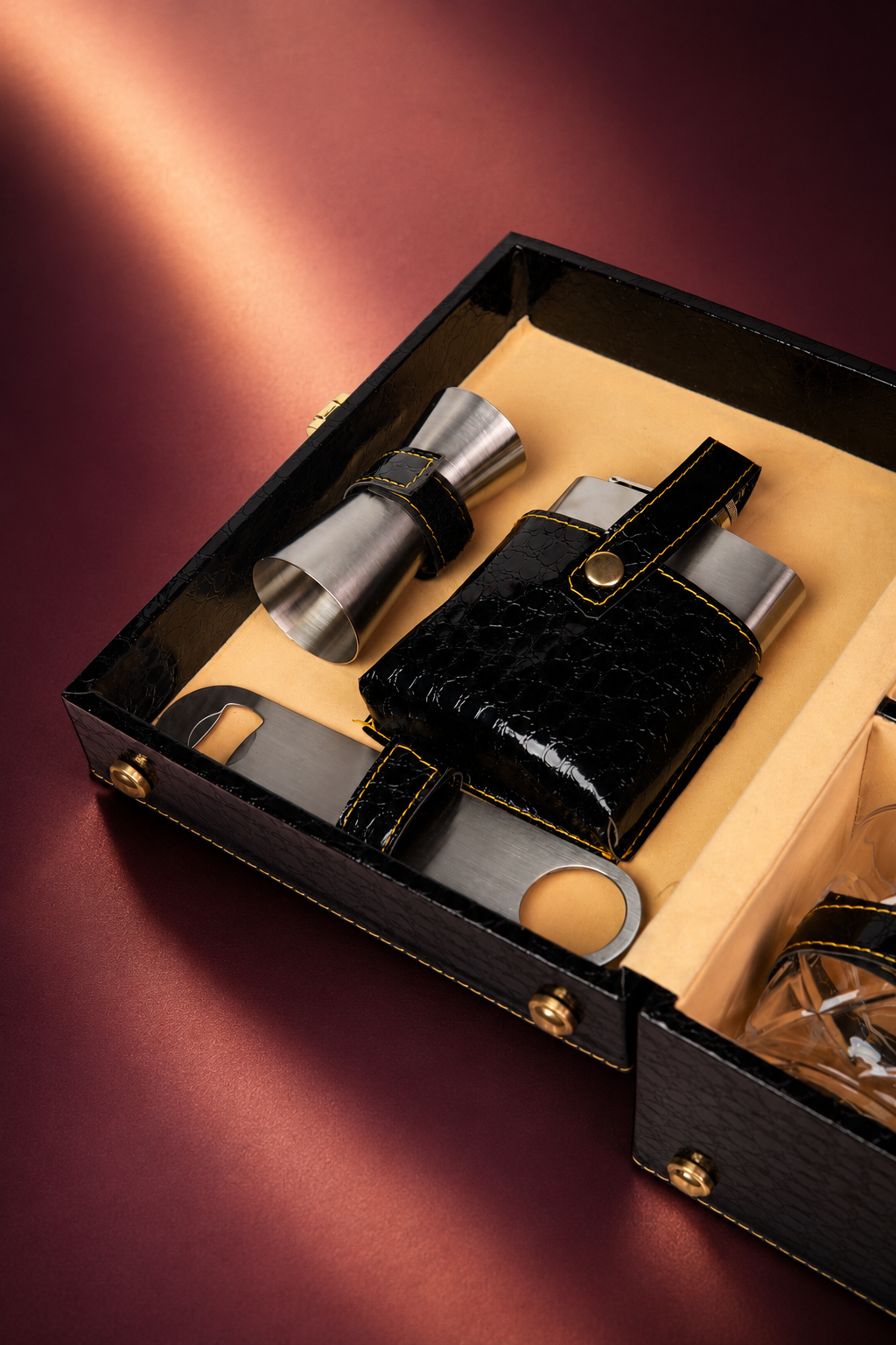 Black Leather Brief Case with 2 Glass