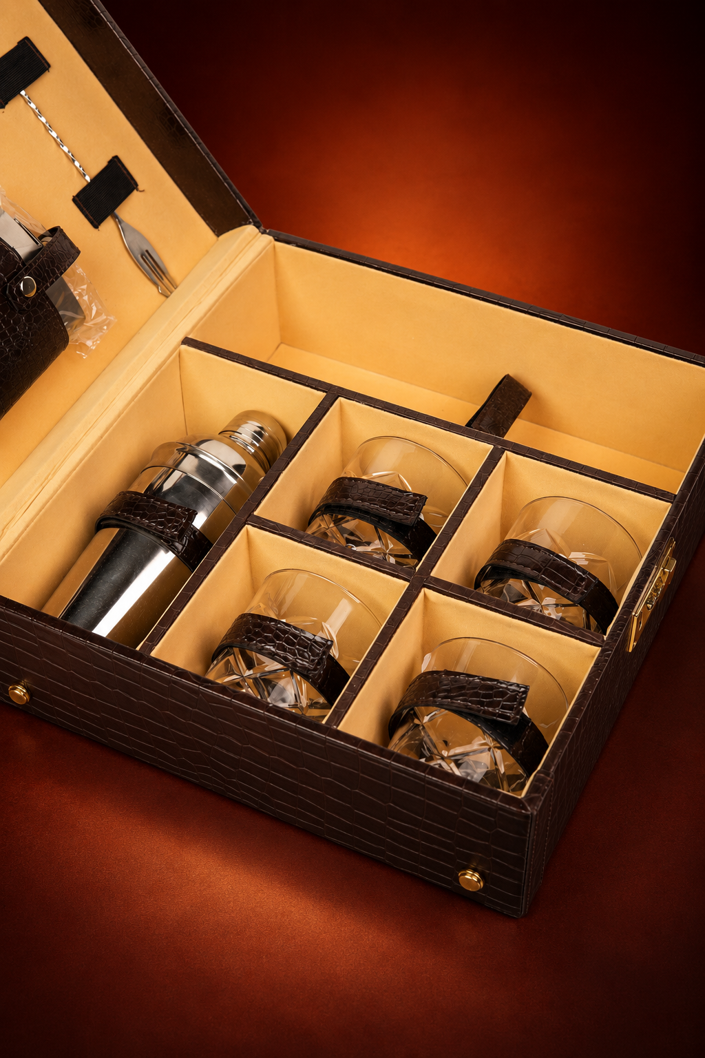 Brown Leather Brief Case with 4 Glass