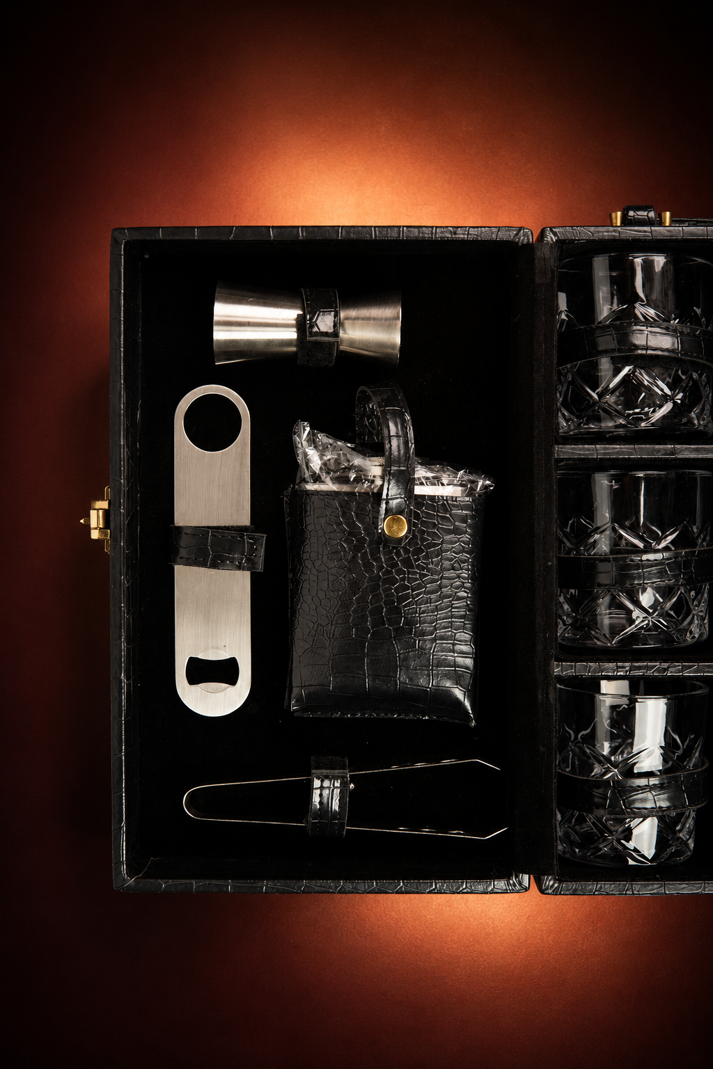 Black Leather Brief Case with 3 Glass