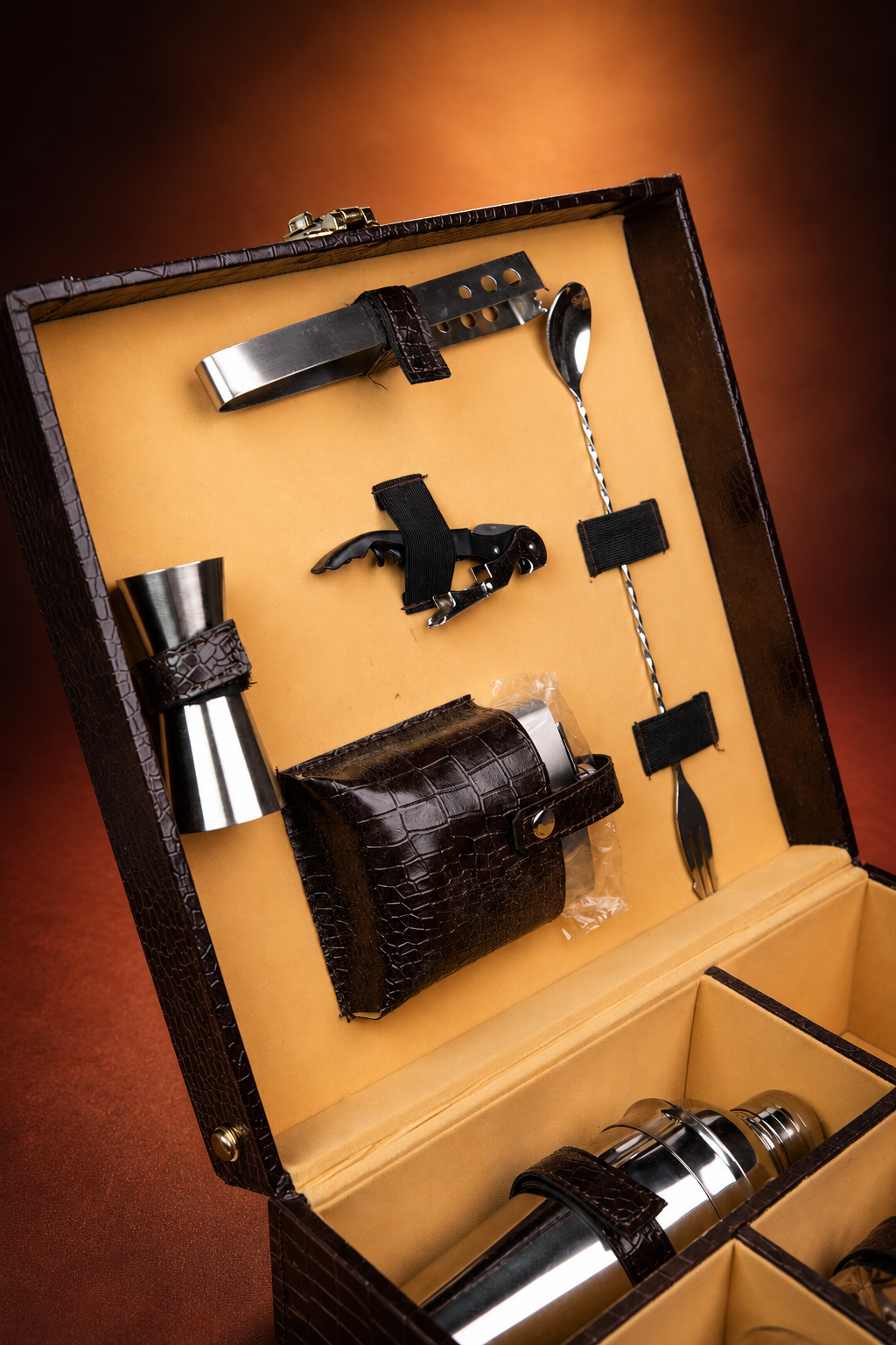 Brown Leather Brief Case with 4 Glass