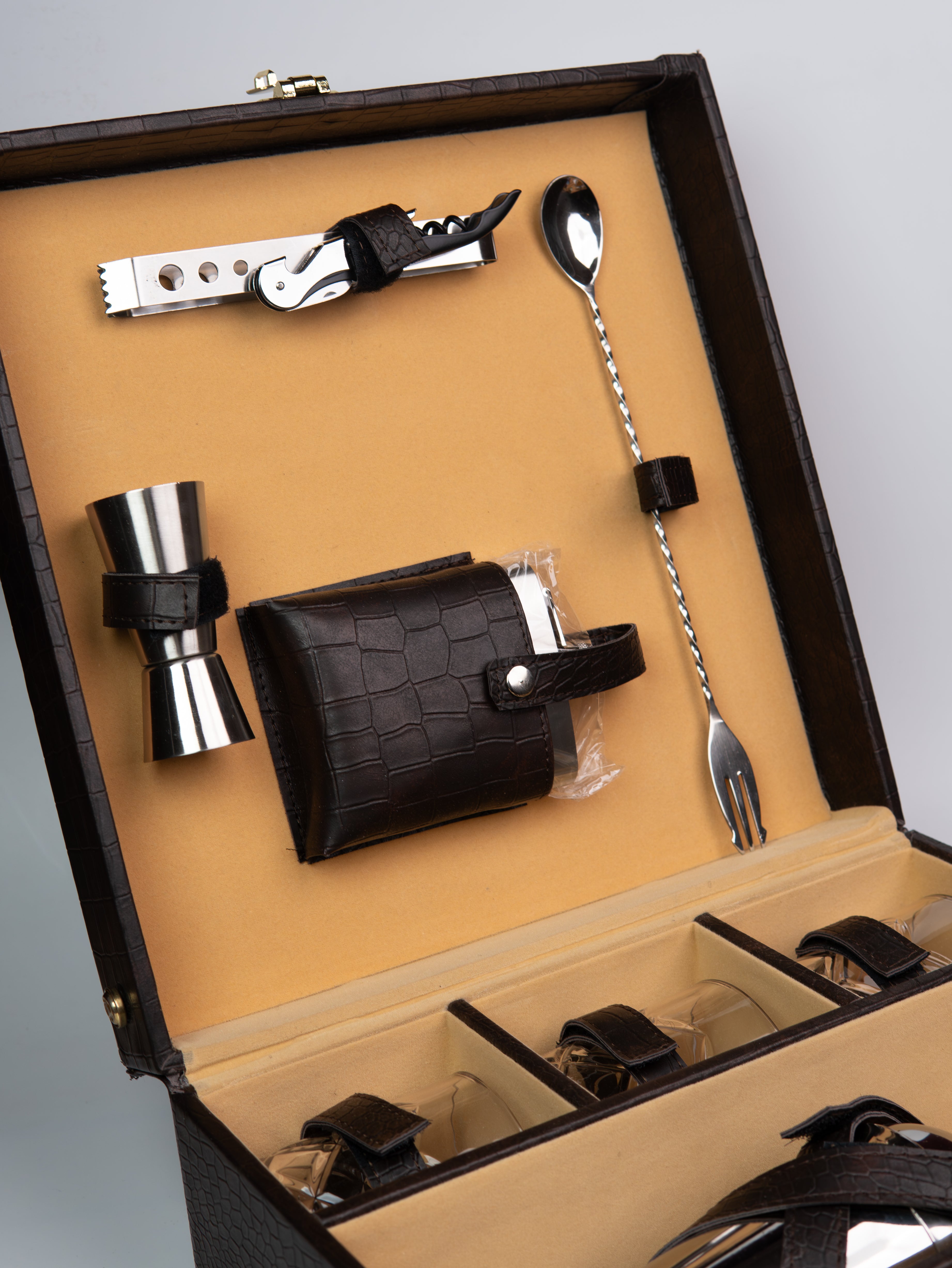 Brown Leather Brief Case with 6 Glass